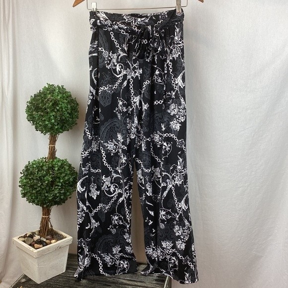 EST 1948 Black & White Floral Chain Print Belted Palazzo Wide Leg Pants XS NEW - Picture 2 of 7